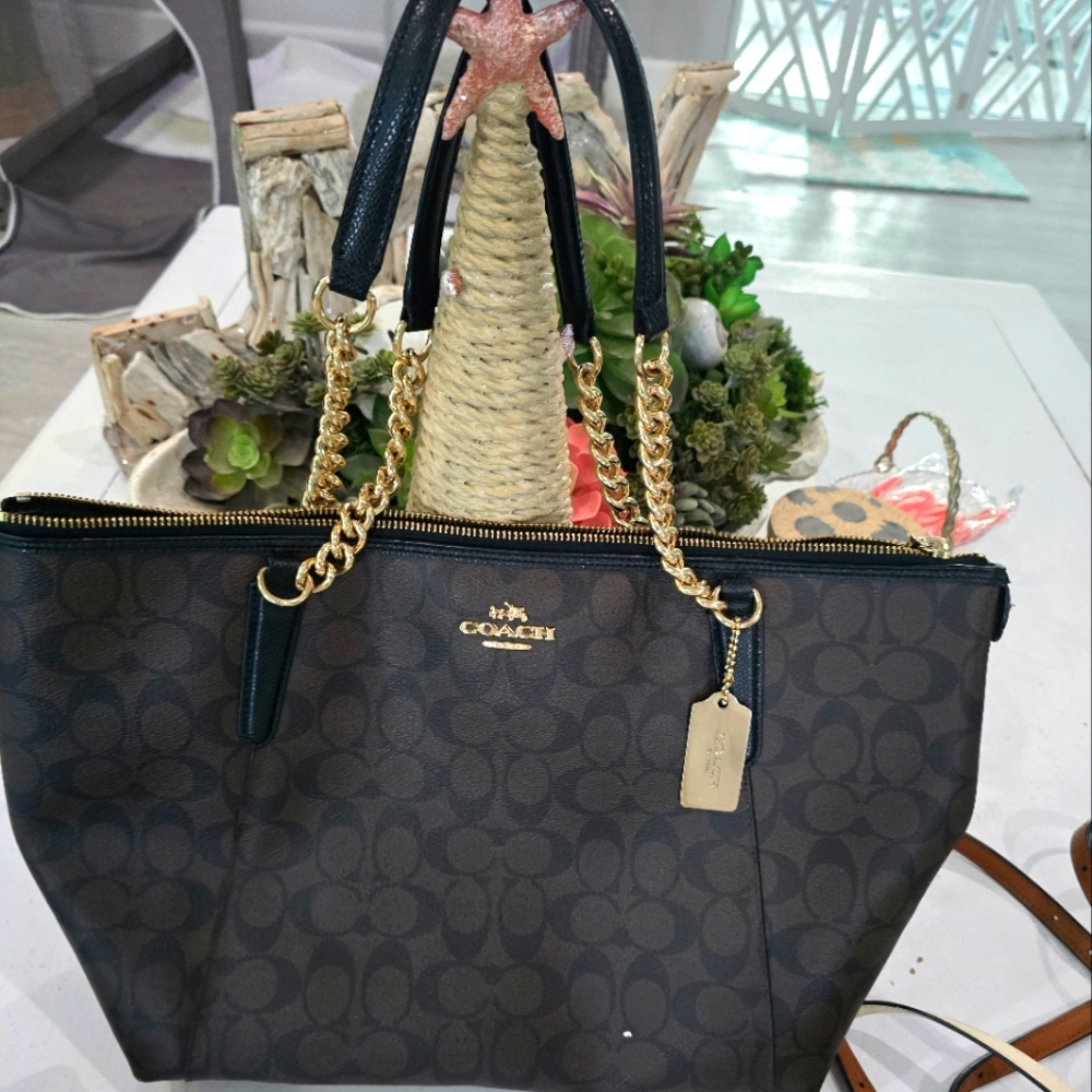 COACH SIGNATURE leather AVA chain Tote.